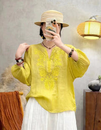 Bohemian Floral Embroidery Ramie Linen Blouse