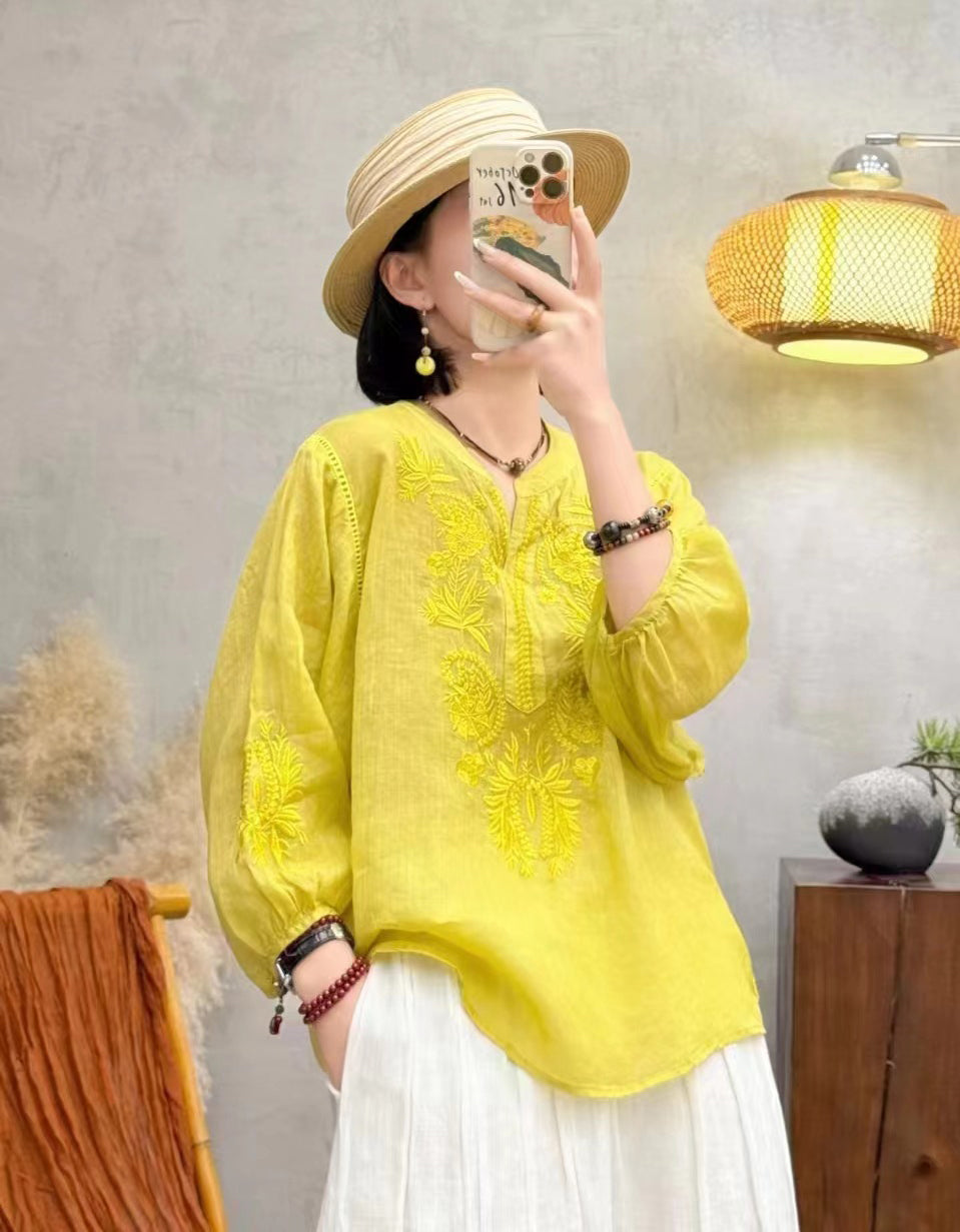 Bohemian Floral Embroidery Ramie Linen Blouse