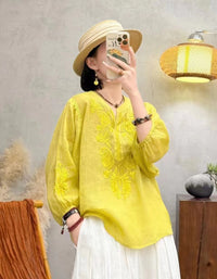 Bohemian Floral Embroidery Ramie Linen Blouse