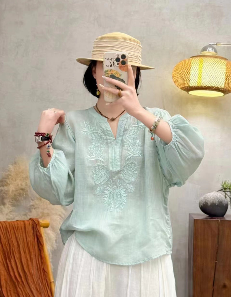 Bohemian Floral Embroidery Ramie Linen Blouse