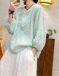 Bohemian Floral Embroidery Ramie Linen Blouse