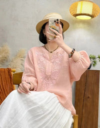 Bohemian Floral Embroidery Ramie Linen Blouse