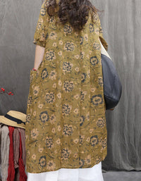 Bohemian Loose Fit Floral V-Neck Linen Dress