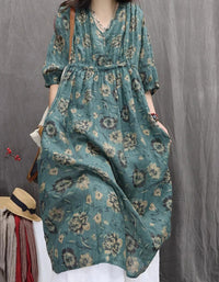 Bohemian Loose Fit Floral V-Neck Linen Dress