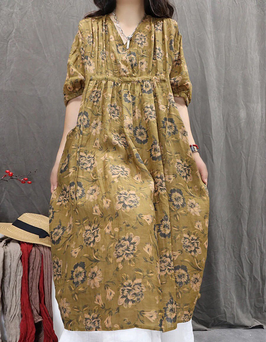 Bohemian Loose Fit Floral V-Neck Linen Dress