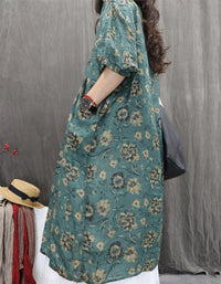 Bohemian Loose Fit Floral V-Neck Linen Dress