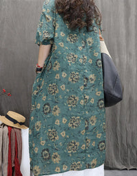 Bohemian Loose Fit Floral V-Neck Linen Dress