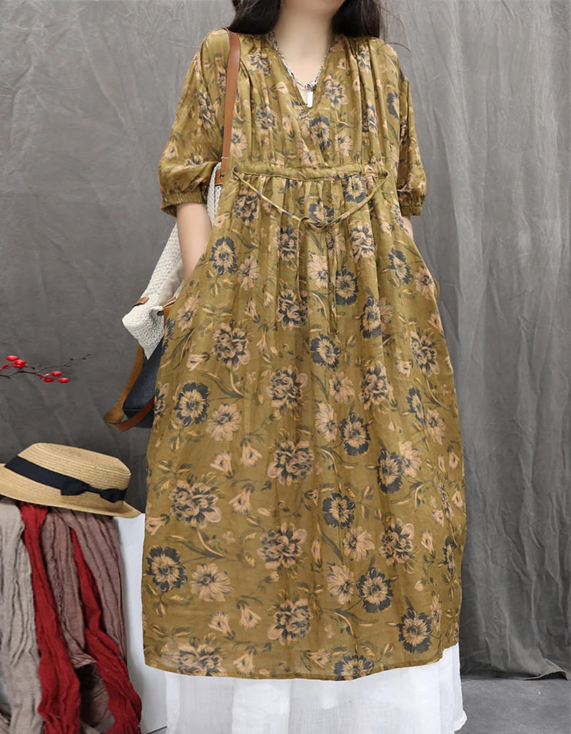 Bohemian Loose Fit Floral V-Neck Linen Dress