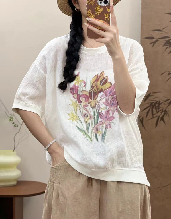 Bohemian Oversized Floral Linen T-Shirt