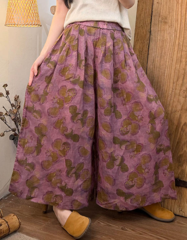 Women's Vintage Floral Linen Wide Leg Palazzo Pants