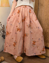 Boho Floral Print Linen Blend Wide Leg Casual Pants