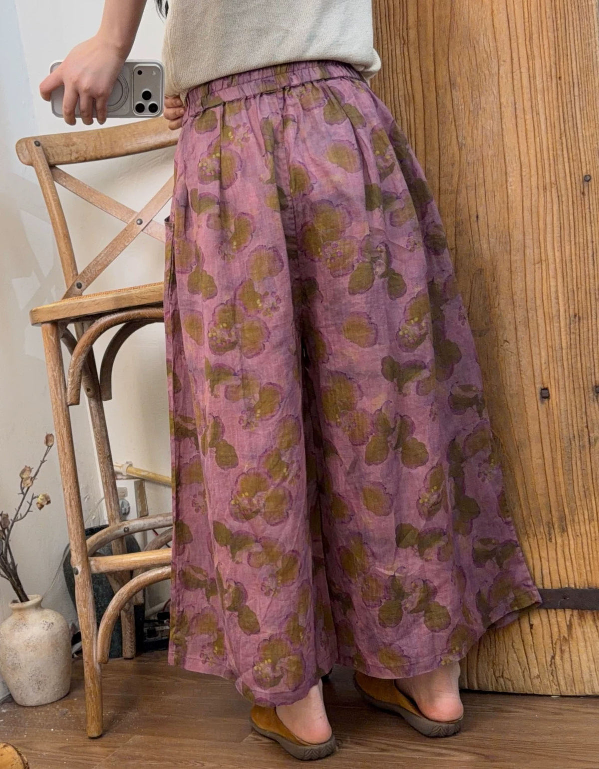 Vintage Floral Wide Leg Linen Blend Summer Trousers