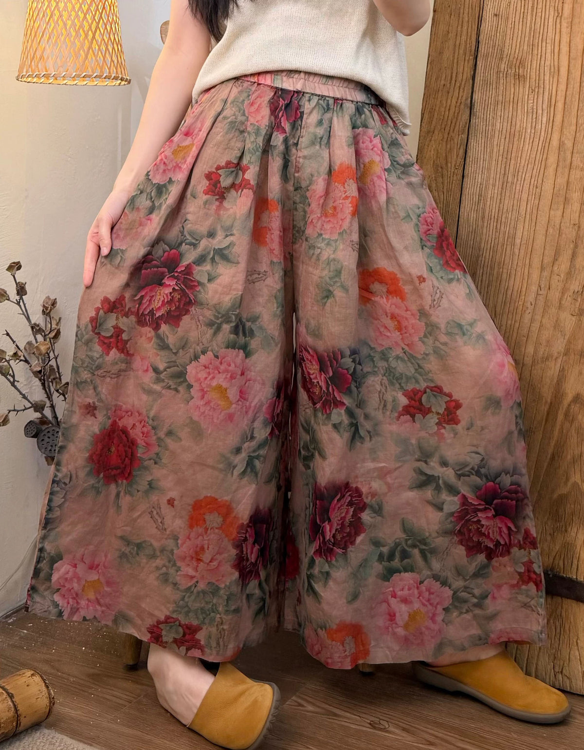 Women's Loose Floral Linen Palazzo Pants with Pockets