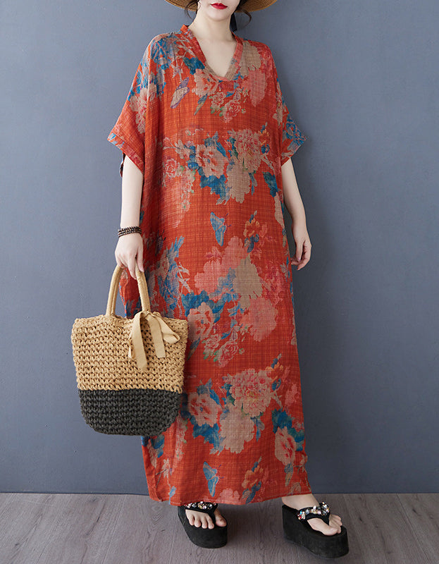 Bohemian Style Loose Fit Orange Cotton Linen Maxi Dress