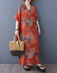 Bohemian Style Loose Fit Orange Cotton Linen Maxi Dress