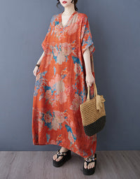 Bohemian Style Loose Fit Orange Cotton Linen Maxi Dress