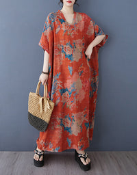 Bohemian Style Loose Fit Orange Cotton Linen Maxi Dress