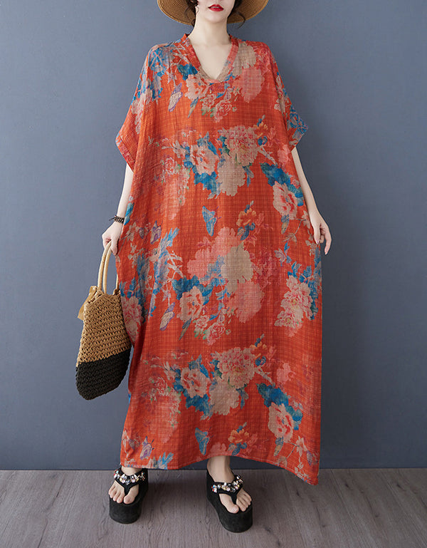 Bohemian Style Loose Fit Orange Cotton Linen Maxi Dress