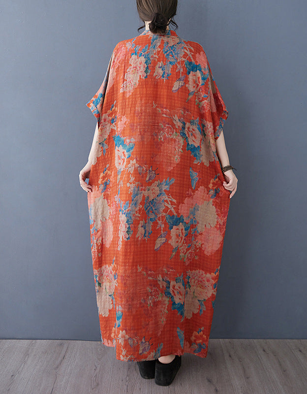 Bohemian Style Loose Fit Orange Cotton Linen Maxi Dress
