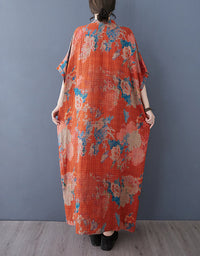 Bohemian Style Loose Fit Orange Cotton Linen Maxi Dress