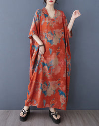 Bohemian Style Loose Fit Orange Cotton Linen Maxi Dress