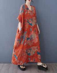 Bohemian Style Loose Fit Orange Cotton Linen Maxi Dress