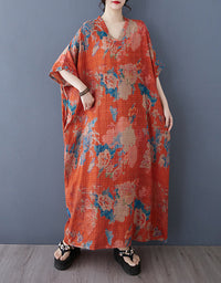 Bohemian Style Loose Fit Orange Cotton Linen Maxi Dress