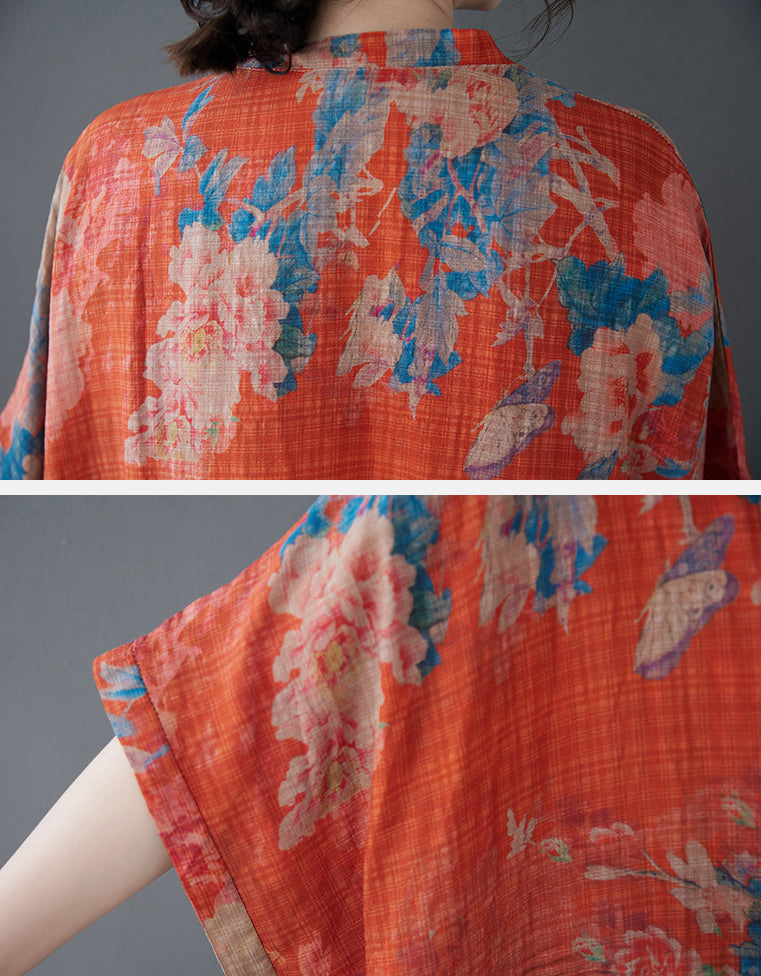 Bohemian Style Loose Fit Orange Cotton Linen Maxi Dress