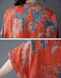Bohemian Style Loose Fit Orange Cotton Linen Maxi Dress