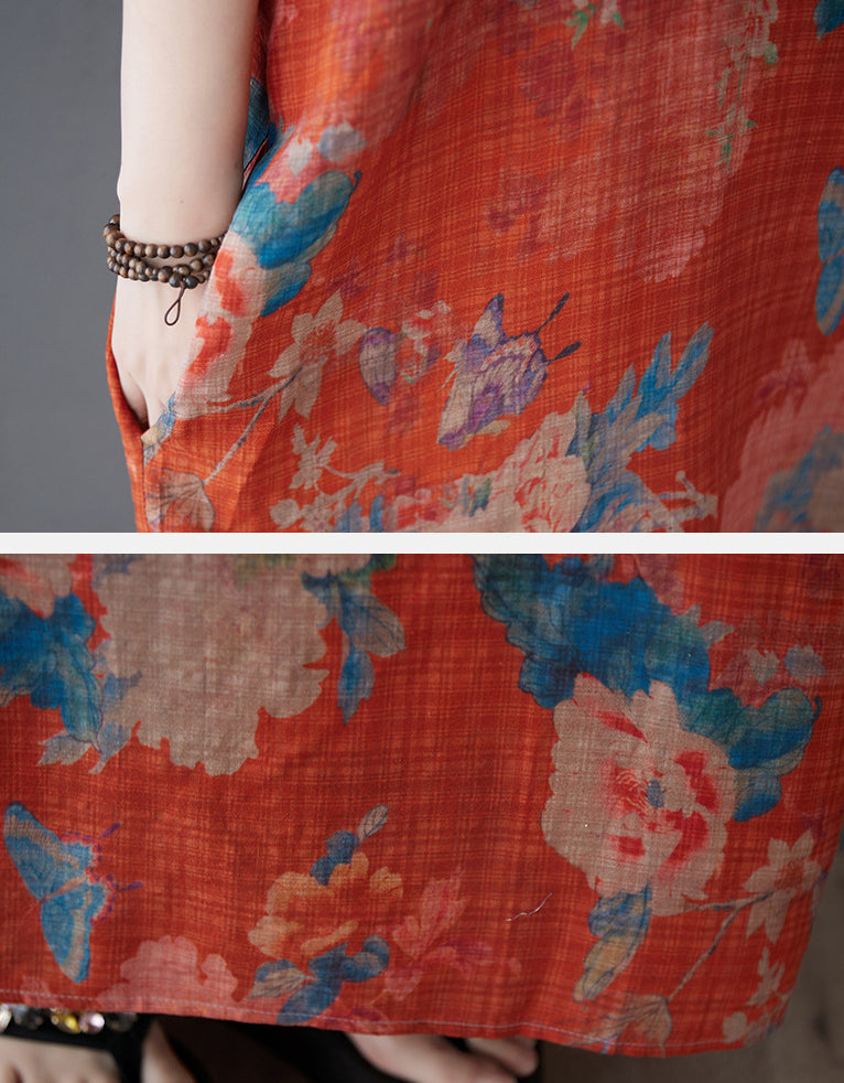 Bohemian Style Loose Fit Orange Cotton Linen Maxi Dress