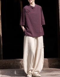 Loose-Fit Mandarin Collar Ramie Linen T-Shirt