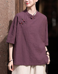 Loose-Fit Mandarin Collar Ramie Linen T-Shirt