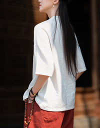 Loose-Fit Mandarin Collar Ramie Linen T-Shirt