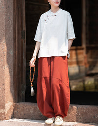 Loose-Fit Mandarin Collar Ramie Linen T-Shirt
