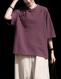 Loose-Fit Mandarin Collar Ramie Linen T-Shirt