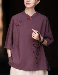 Loose-Fit Mandarin Collar Ramie Linen T-Shirt
