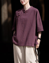 Loose-Fit Mandarin Collar Ramie Linen T-Shirt
