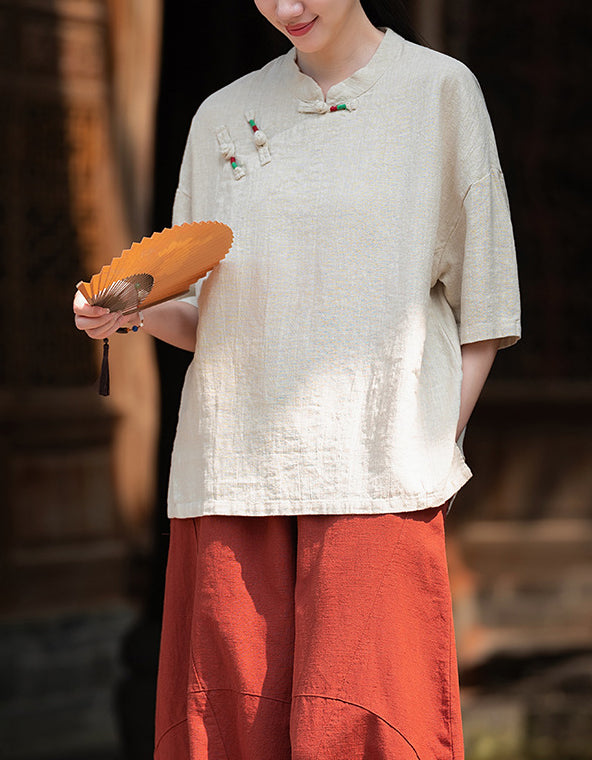 Loose-Fit Mandarin Collar Ramie Linen T-Shirt