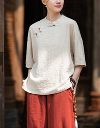 Loose-Fit Mandarin Collar Ramie Linen T-Shirt