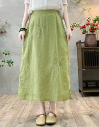 Boho Chic Floral Embroidered Linen Midi Skirt
