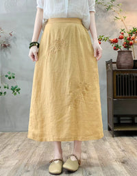 Boho Chic Floral Embroidered Linen Midi Skirt