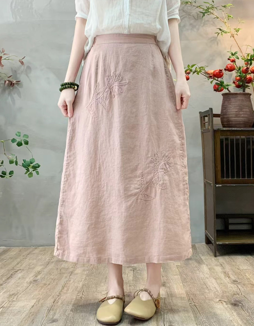 Boho Chic Floral Embroidered Linen Midi Skirt