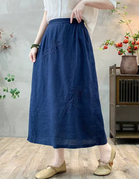 Boho Chic Floral Embroidered Linen Midi Skirt