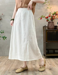 Boho Chic Floral Embroidered Linen Midi Skirt