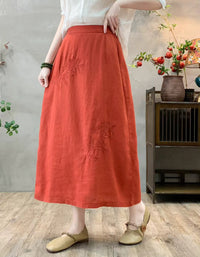 Boho Chic Floral Embroidered Linen Midi Skirt
