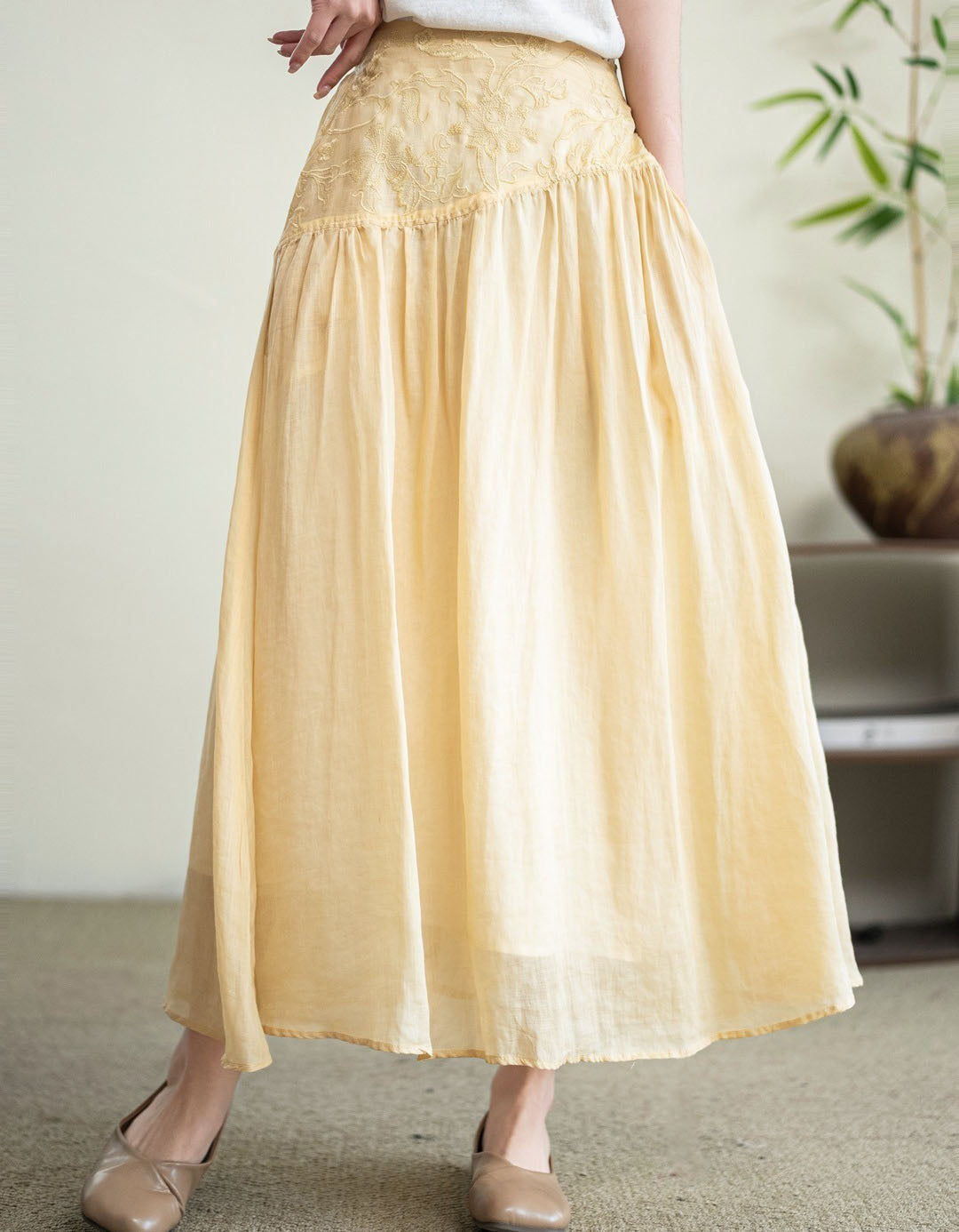 Women's Boho Linen Blend Embroidered Long Skirt