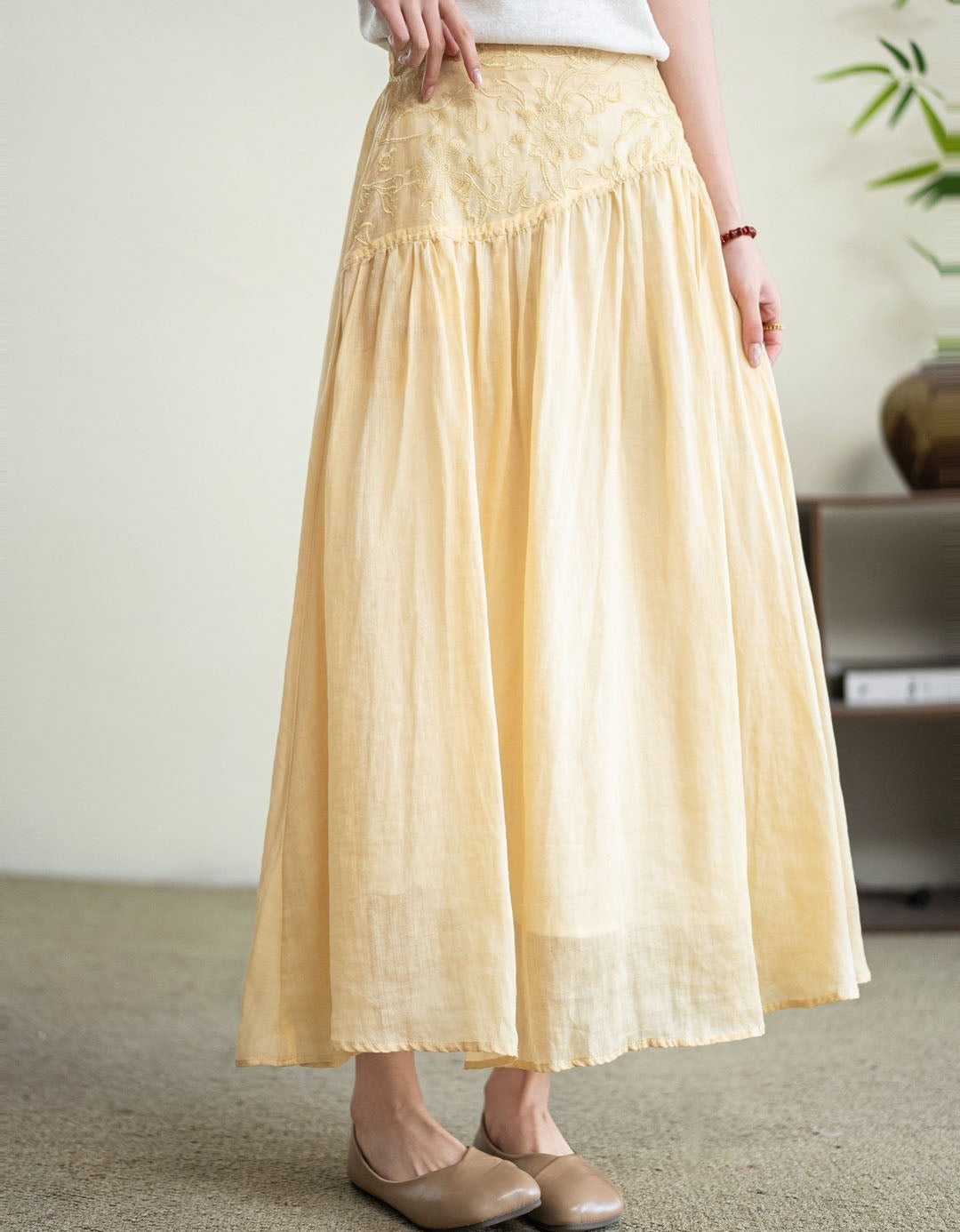 Soft Pink Embroidered Relaxed Fit Maxi Skirt