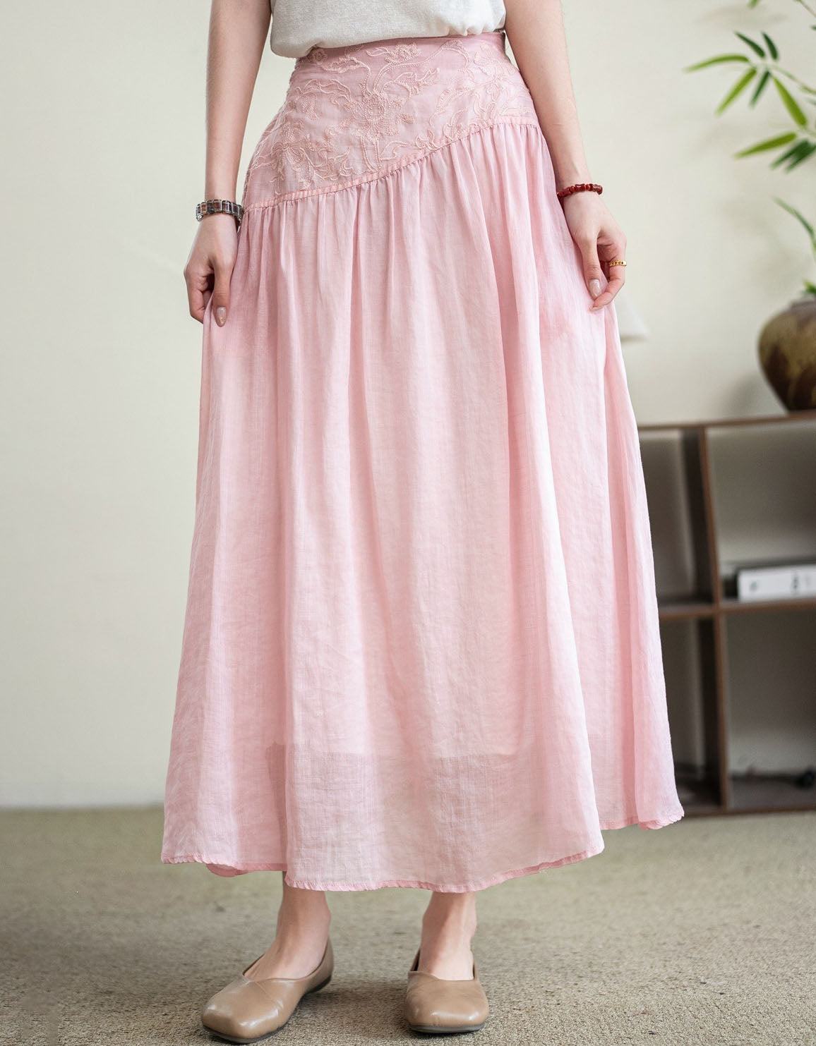 Vintage Pink Embroidered High Waist Maxi Skirt Women