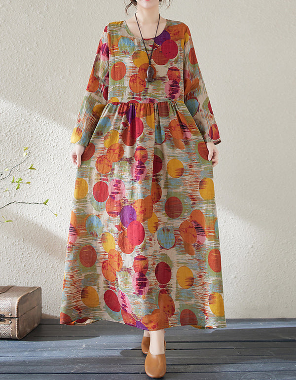 Colorful Polka Dot Oversized Cotton Linen Maxi Dress