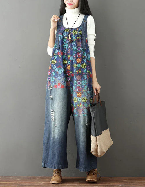 Floral Printed Loose Casual Wide-Leg Denim Jumpsuit - Islinen